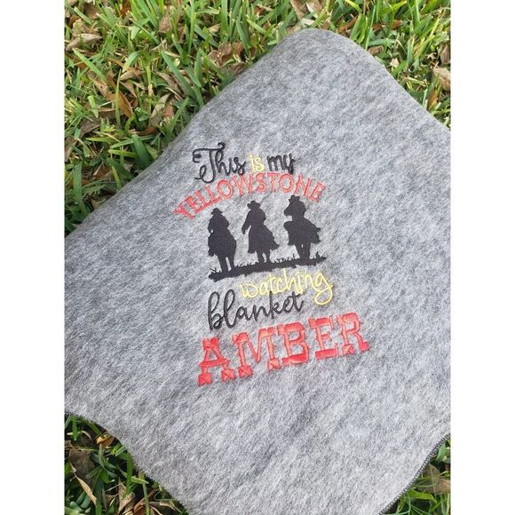 This is My Yellowstone Watching Blanket Gray Fleece Blanket Embroidered Twin sz - Picture 4 of 5